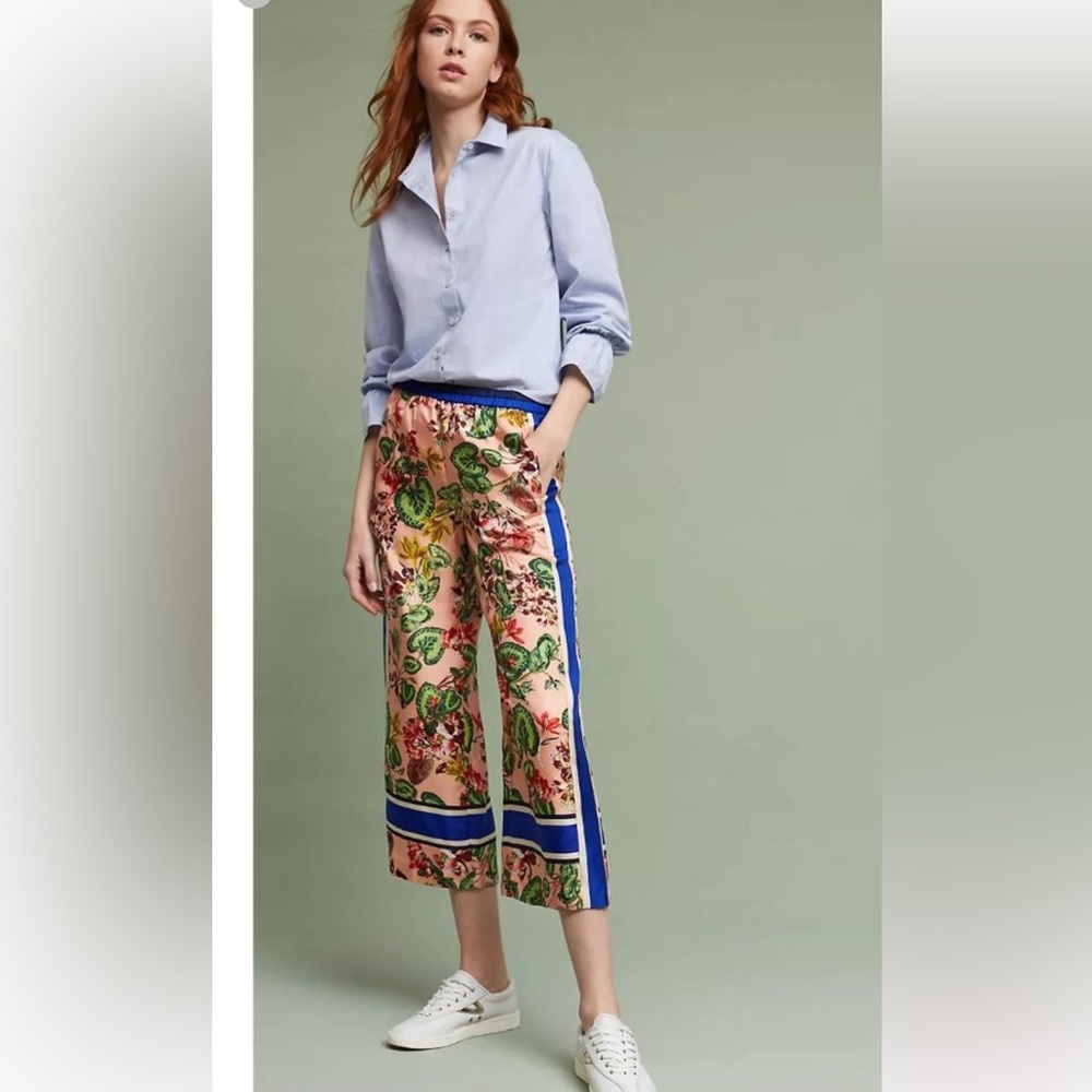 Anthropologie Floral Wide-Leg Pants - Pink and Blue